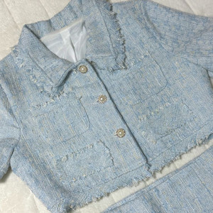 소라색 크롭 트위드 자켓 치마 투피스 셋업 빈티지 세트 M 이미지