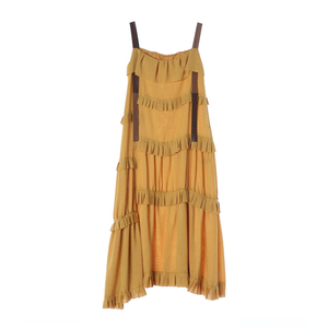 타임 옐로우 프릴 디테일 뷔스티에 롱 원피스 드레스 이미지