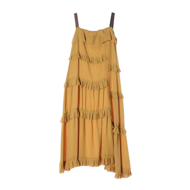 타임 옐로우 프릴 디테일 뷔스티에 롱 원피스 드레스 이미지