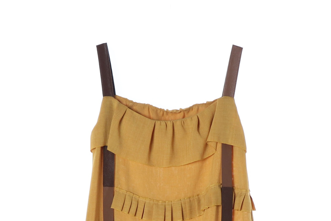 타임 옐로우 프릴 디테일 뷔스티에 롱 원피스 드레스 이미지