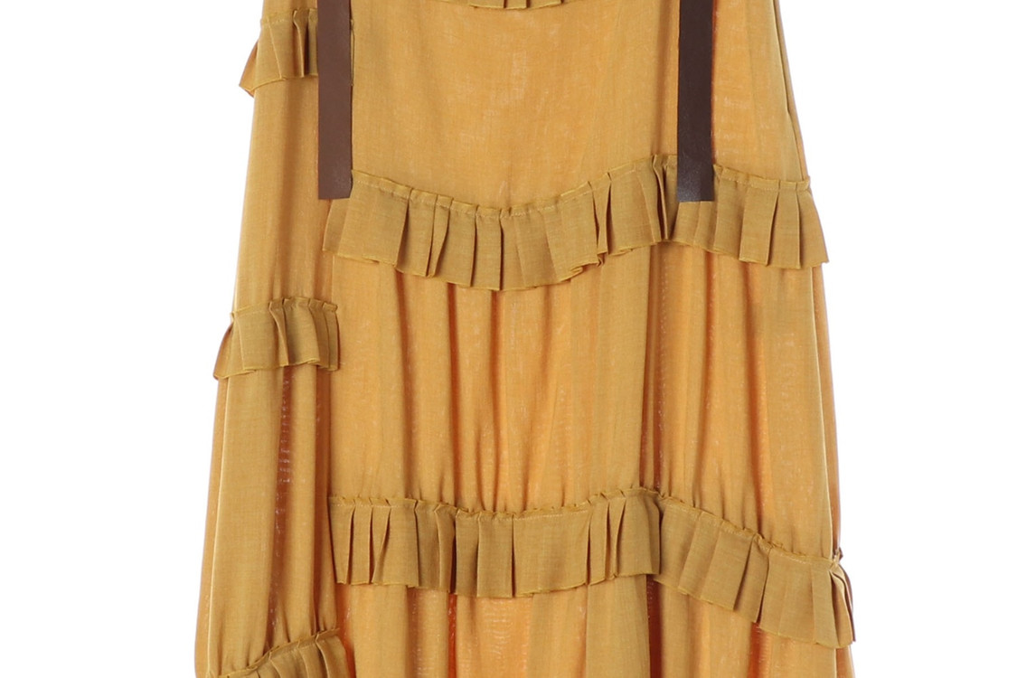 타임 옐로우 프릴 디테일 뷔스티에 롱 원피스 드레스 이미지