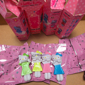 키티 히퍼 피규어 4종 새상품. 연두, 노랑, 핑크, 하늘. 이미지