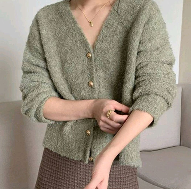 카키그린색 브이넥 가디건 넉넉한사이즈 이미지