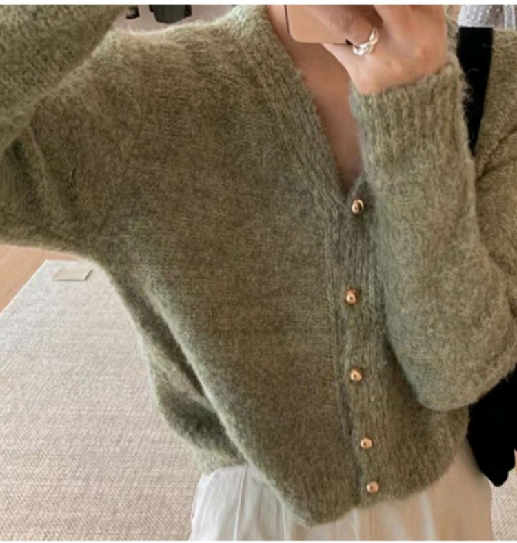 카키그린색 브이넥 가디건 넉넉한사이즈 이미지