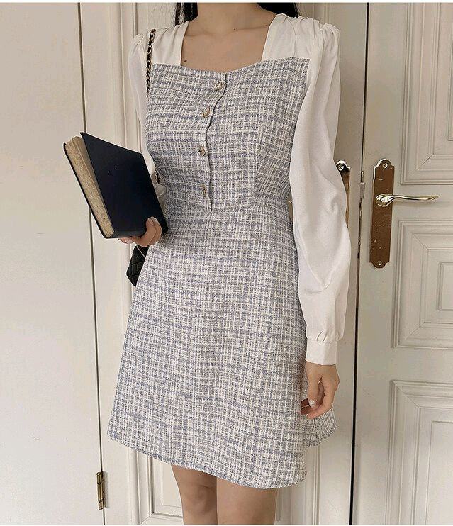 빅사이즈 트위드 원피스 블루 이미지