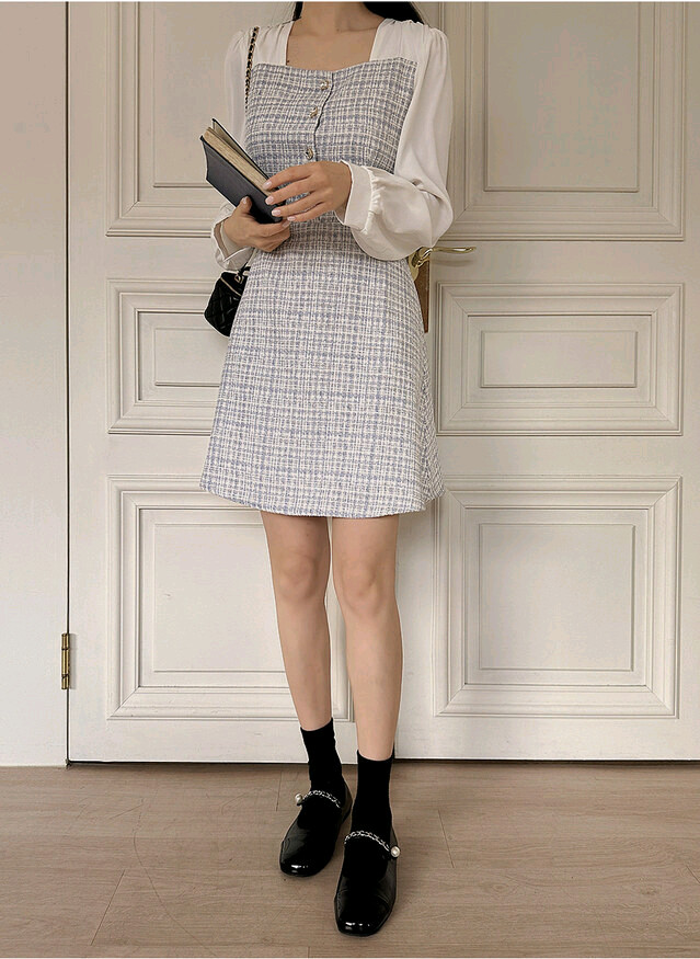 빅사이즈 트위드 원피스 블루 이미지