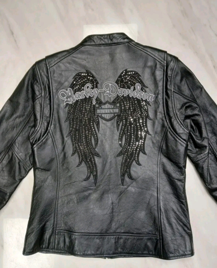 [최고급 사양] 할리데이비슨 여성용 큐빅장식 방풍 소 가죽자켓 S 사이즈--5