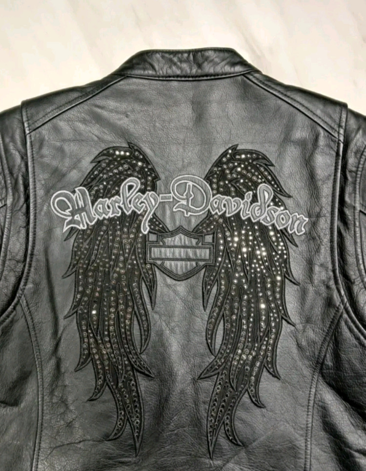 [최고급 사양] 할리데이비슨 여성용 큐빅장식 방풍 소 가죽자켓 S 사이즈--6