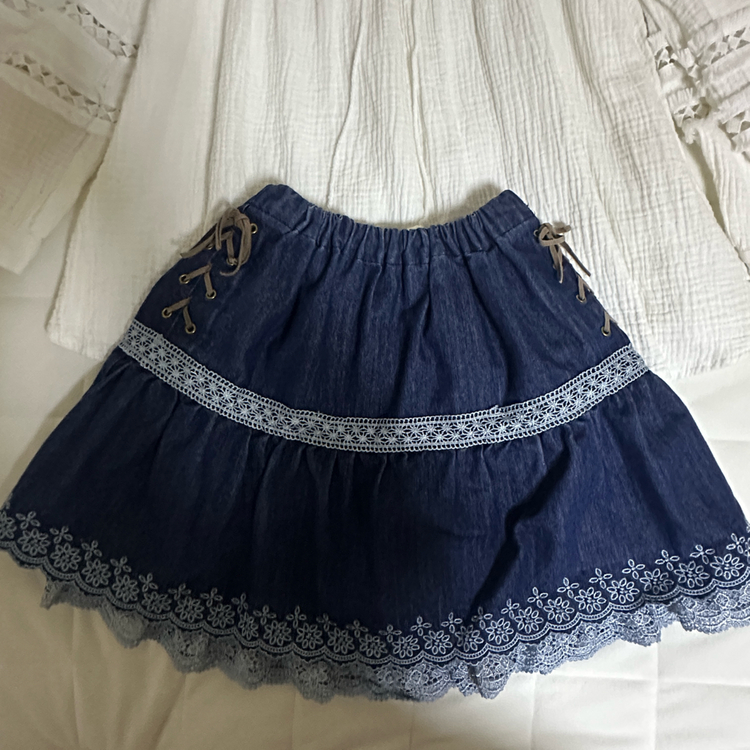 모리 블라우스 엑시즈팜 청큐롯 스커트 세트--2