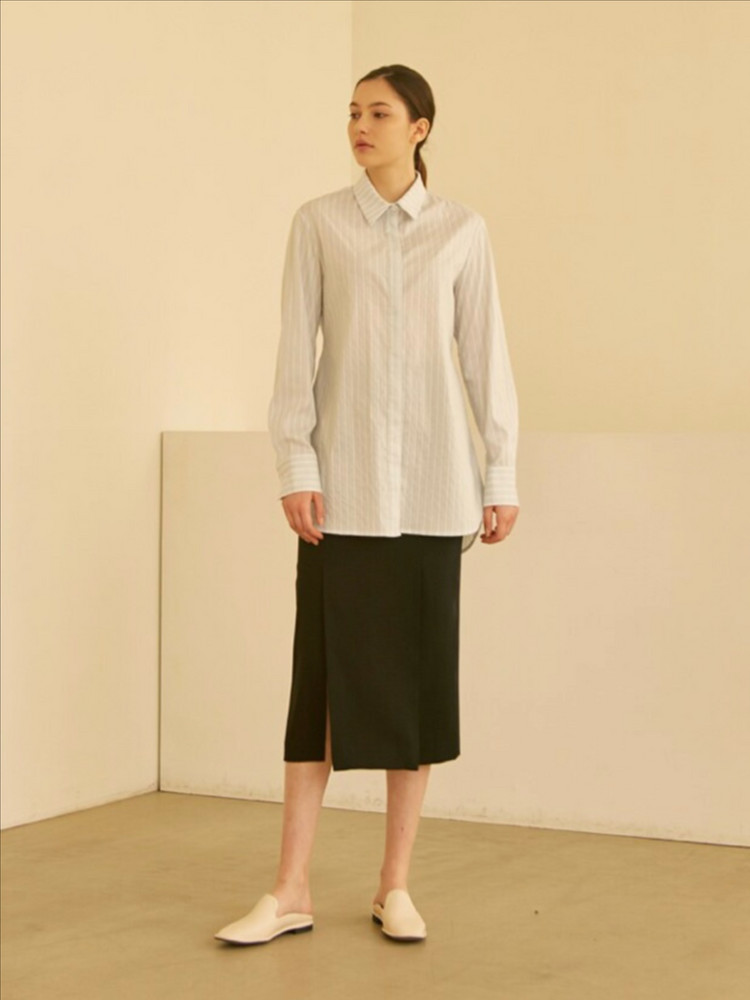 모한 벨티드 롱 셔츠 새상품 스트라이프 남방 블라우스 이미지