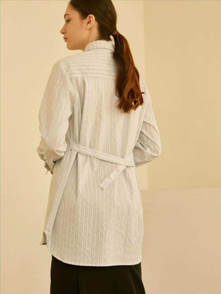 모한 벨티드 롱 셔츠 새상품 스트라이프 남방 블라우스 이미지