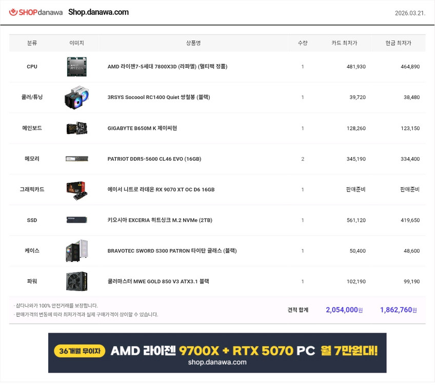 7800X3D, 9070XT, DDR5 32G, SSD 2TB 고사양 게이밍 데스크탑 PC 이미지