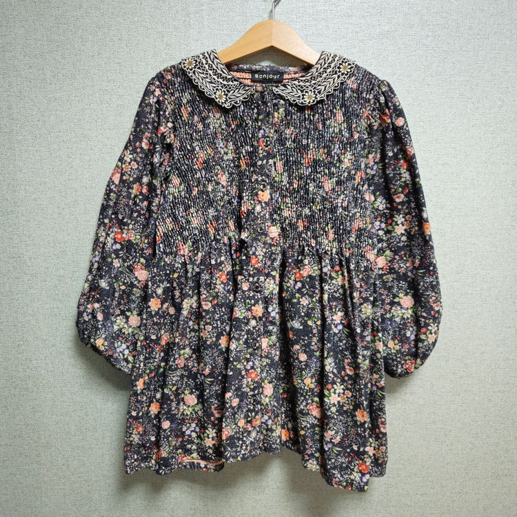 봉주르 다이어리 인디고 잔꽃 튜닉 블랙꽃 코듀로이 블라우스 10y 이미지