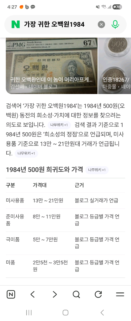 1984년 500원 희귀동전 이미지