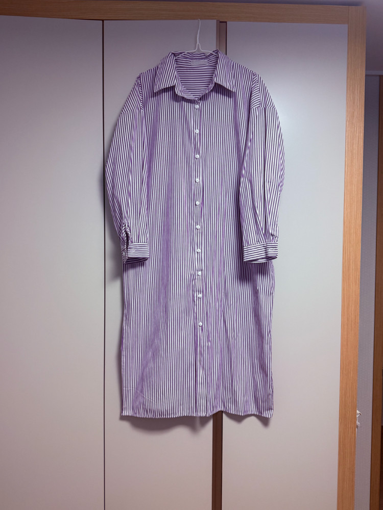 아뮤즈 롱 셔츠 원피스 보라 스트라이프 55~88 프리사이즈--9