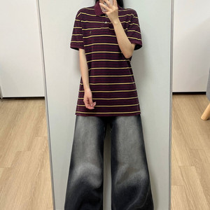 폴로 랄프로렌 카키 포니 버건디 스트라이프 반팔 카라티 이미지