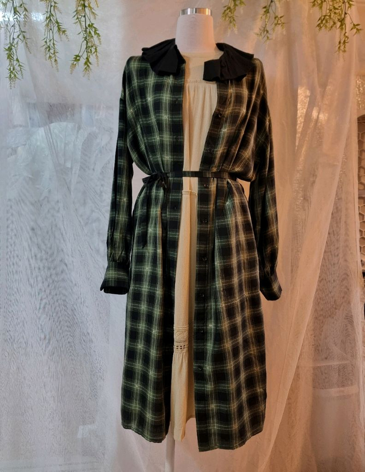 새옷 S 배색 플리츠 카라체크 긴팔원피스 써스데이아일랜드 이미지