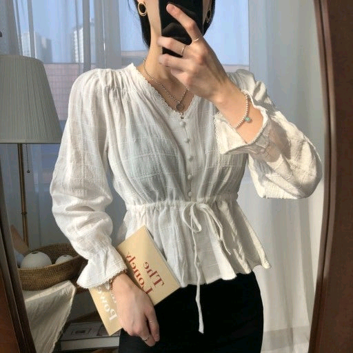 브이넥 콩단추 린넨 프릴 레이스 리본 블라우스 / 핫핑 리리앤코 육육걸즈 아뜨랑스 쇼퍼랜드 피터앤웬디 프리티영띵 이미지