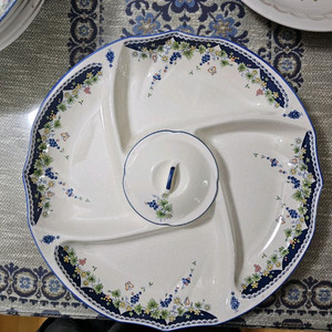 (가격 인하) 일본산 빈티지 코발트 블루 특대형 나눔접시+평접시 세트 이미지