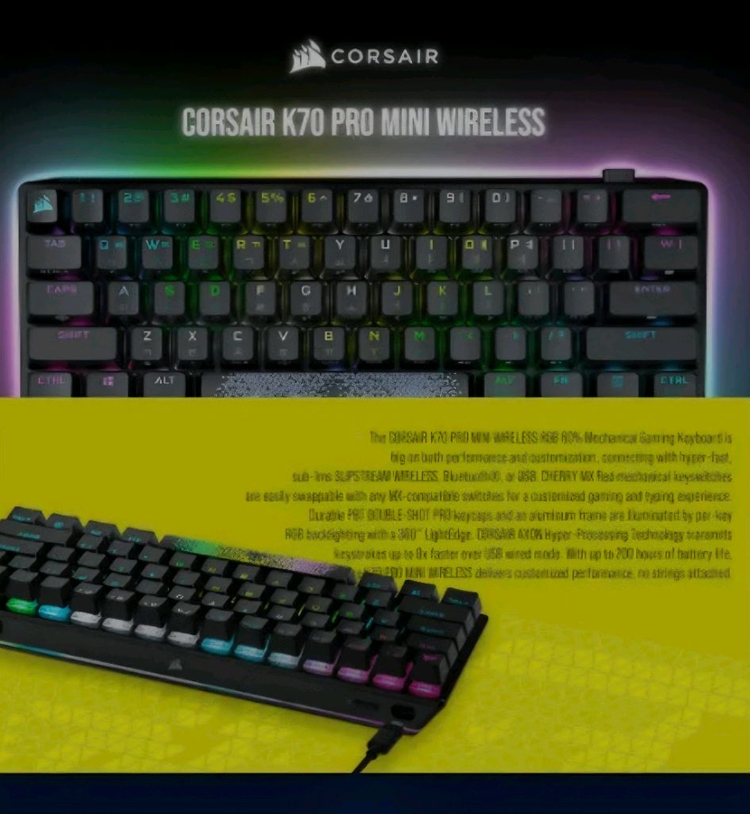 커세어 K70 PRO MINI wireless 무선 게이밍 키보드 + 아크릴 팜레스트 이미지