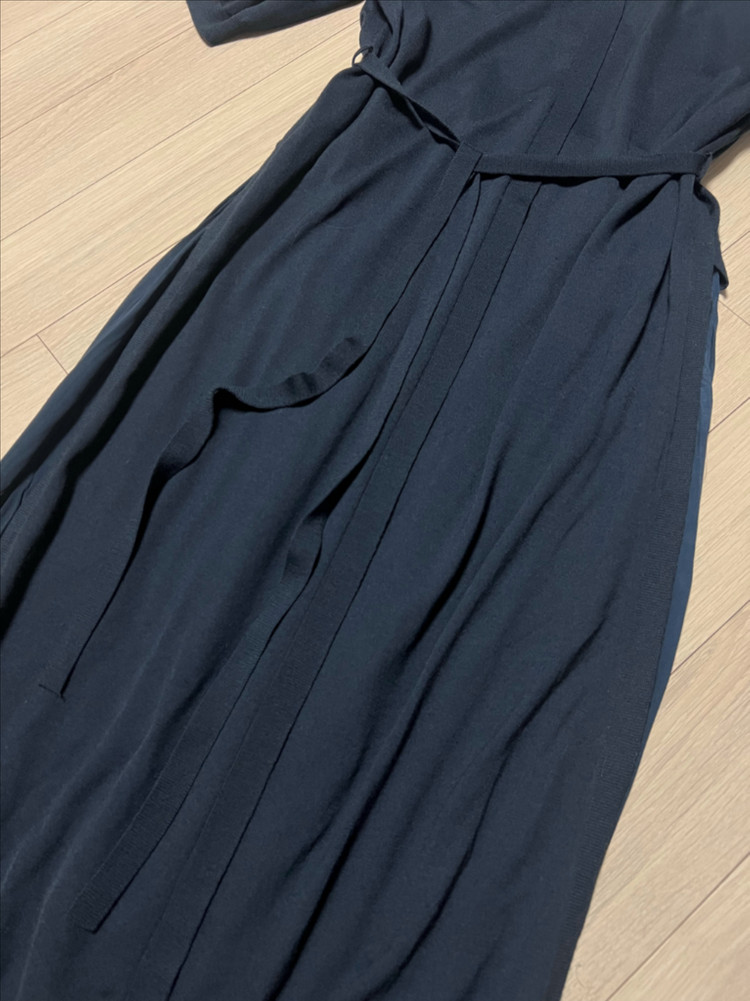 21년 한섬 더캐시미어 the cashmere 울 캐시미어 백 플리츠 니트 롱원피스 벨트 반팔 네이비 이미지