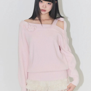 [일리고]블룸 보우 오프숄더 니트 핑크 티셔츠 여성 상의 이미지