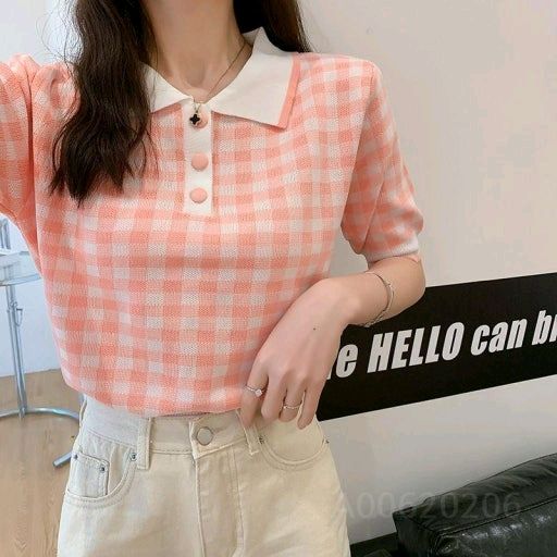 체크 카라 니트 반팔 티셔츠 코랄 핑크 / 쇼퍼랜드 아뜨랑스 니어웨어 육육걸즈 핫핑 리리앤코 메이비베이비 케이클럽 이미지