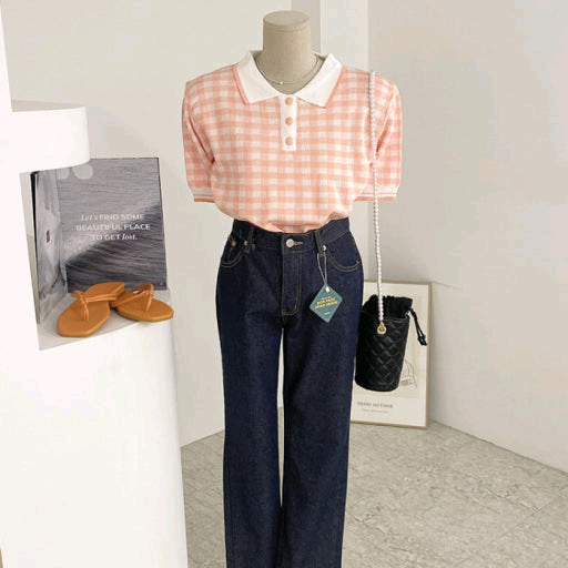 체크 카라 니트 반팔 티셔츠 코랄 핑크 / 쇼퍼랜드 아뜨랑스 니어웨어 육육걸즈 핫핑 리리앤코 메이비베이비 케이클럽 이미지