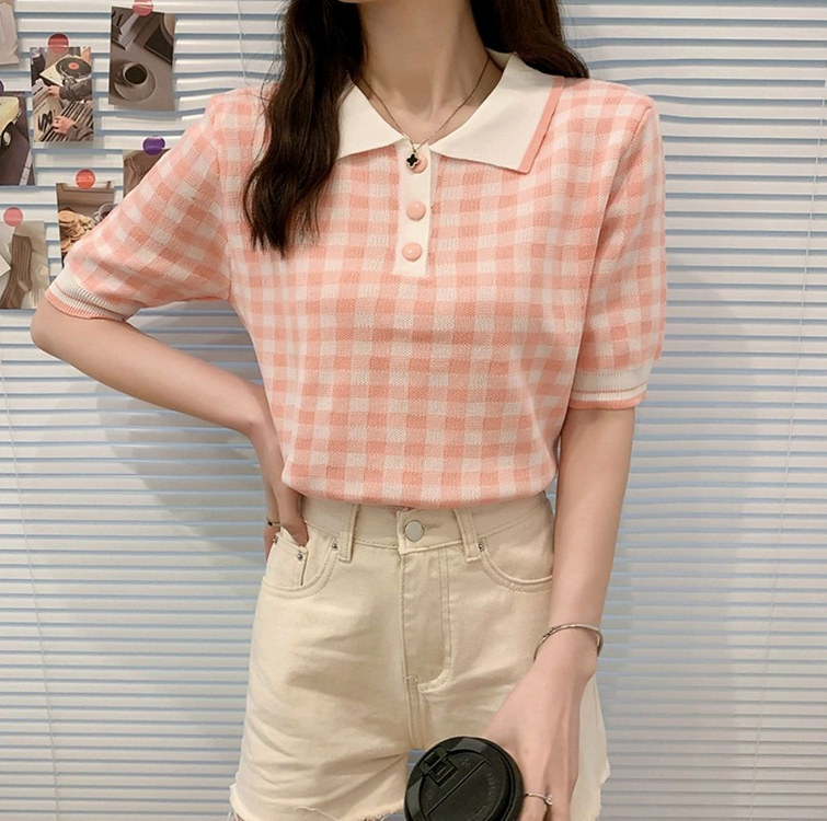 체크 카라 니트 반팔 티셔츠 코랄 핑크 / 쇼퍼랜드 아뜨랑스 니어웨어 육육걸즈 핫핑 리리앤코 메이비베이비 케이클럽 이미지
