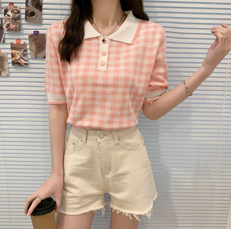 체크 카라 니트 반팔 티셔츠 코랄 핑크 / 쇼퍼랜드 아뜨랑스 니어웨어 육육걸즈 핫핑 리리앤코 메이비베이비 케이클럽 이미지