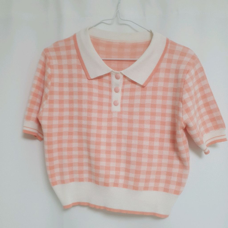 체크 카라 니트 반팔 티셔츠 코랄 핑크 / 쇼퍼랜드 아뜨랑스 니어웨어 육육걸즈 핫핑 리리앤코 메이비베이비 케이클럽 이미지