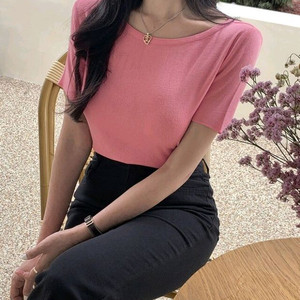 새상품) 아뜨랑스 보트넥 입술넥 니트 반팔 티셔츠 / 퍼빗 베니토 세컨드세컨 슬로우앤드 98도씨 가나다란 밀크코코아 이미지