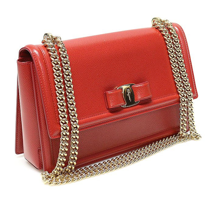 페라가모 레드 엠보스 카프스킨 금장 바라 지니 미디움 플랩 크로스백 / 21 G462 이미지