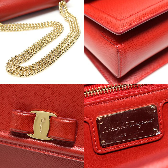 페라가모 레드 엠보스 카프스킨 금장 바라 지니 미디움 플랩 크로스백 / 21 G462 이미지