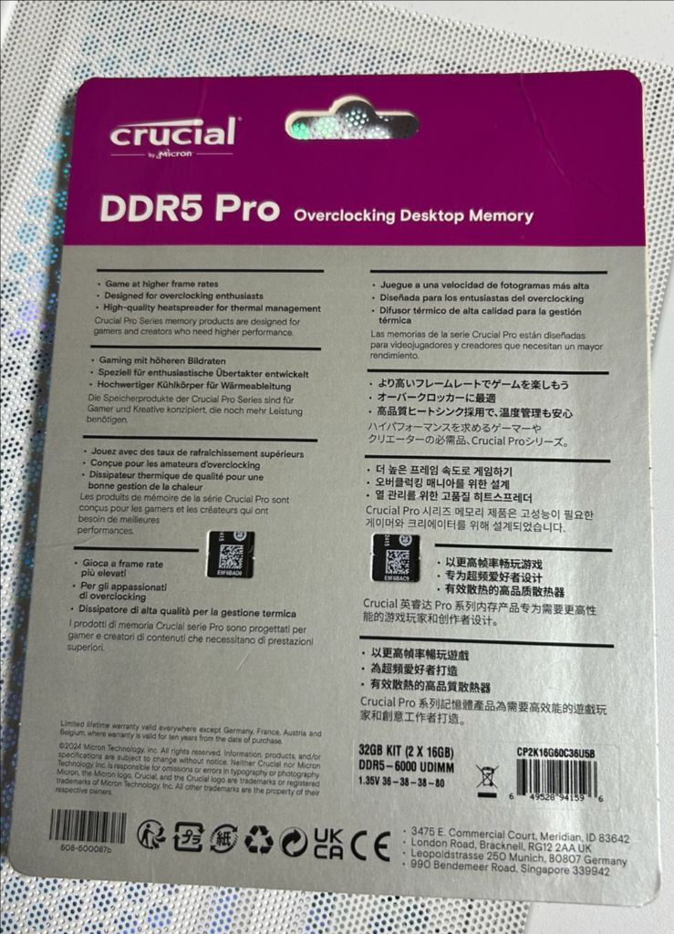 (미개봉) 마이크론 Crucial 램 ddr5 6000 32기가 메모리 이미지