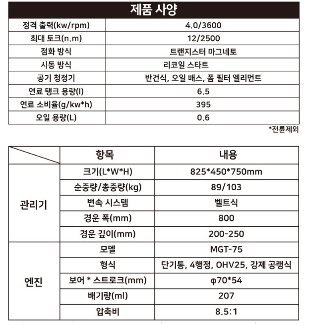 MGT-75 소형관리기 새제품 텃밭관리 4행정 경작기 이미지