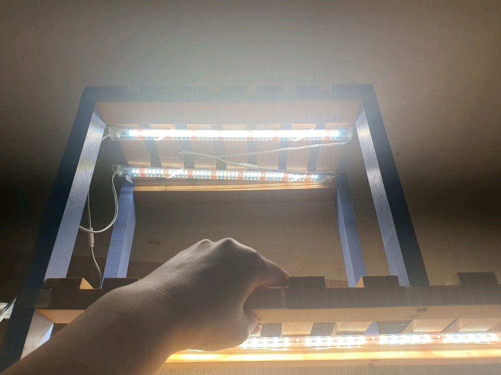 대전직거래/식물 조명등 설치된 원목 소재 2단 화분 선반 55*52*20 이미지