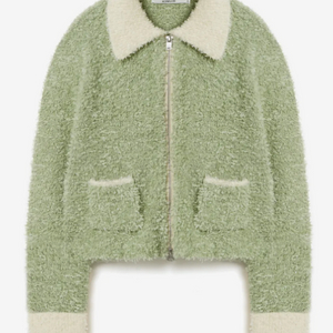 배색 카라 집업 니트_그린 이미지