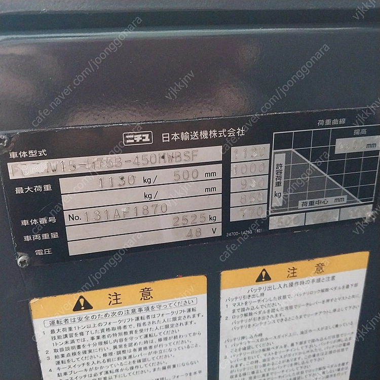 니찌유 전동지게차 1.5톤 3단 4500MM 싸이드쉬프트장착 중고 최상품배터리 이미지