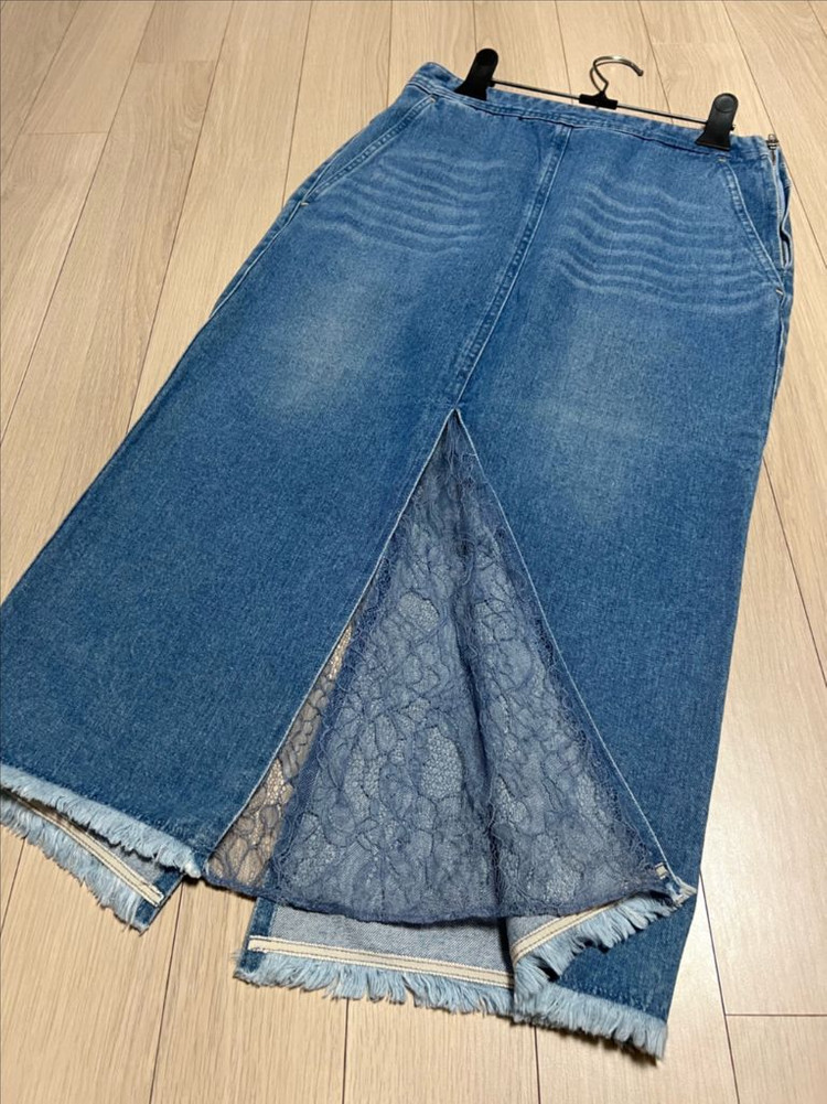 한섬 래트바이티 LATT 레이스 배색 데님 스커트 H라인 중청 롱치마 트임 슬릿 이미지