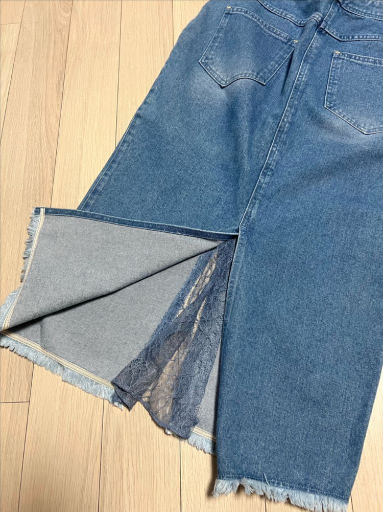 한섬 래트바이티 LATT 레이스 배색 데님 스커트 H라인 중청 롱치마 트임 슬릿 이미지