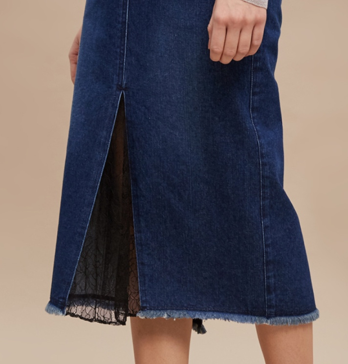 한섬 래트바이티 LATT 레이스 배색 데님 스커트 H라인 중청 롱치마 트임 슬릿 이미지