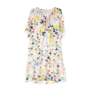 잇미샤 화이트 멀티 플로럴 러플 카라 쉬폰 반팔 원피스 이미지