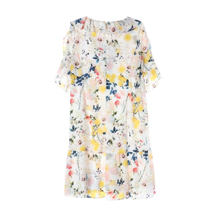 잇미샤 화이트 멀티 플로럴 러플 카라 쉬폰 반팔 원피스 이미지