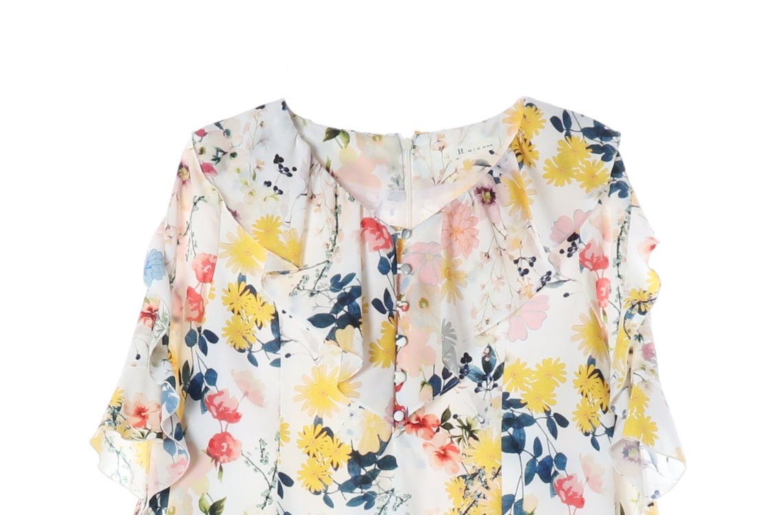 잇미샤 화이트 멀티 플로럴 러플 카라 쉬폰 반팔 원피스 이미지