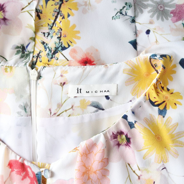 잇미샤 화이트 멀티 플로럴 러플 카라 쉬폰 반팔 원피스 이미지