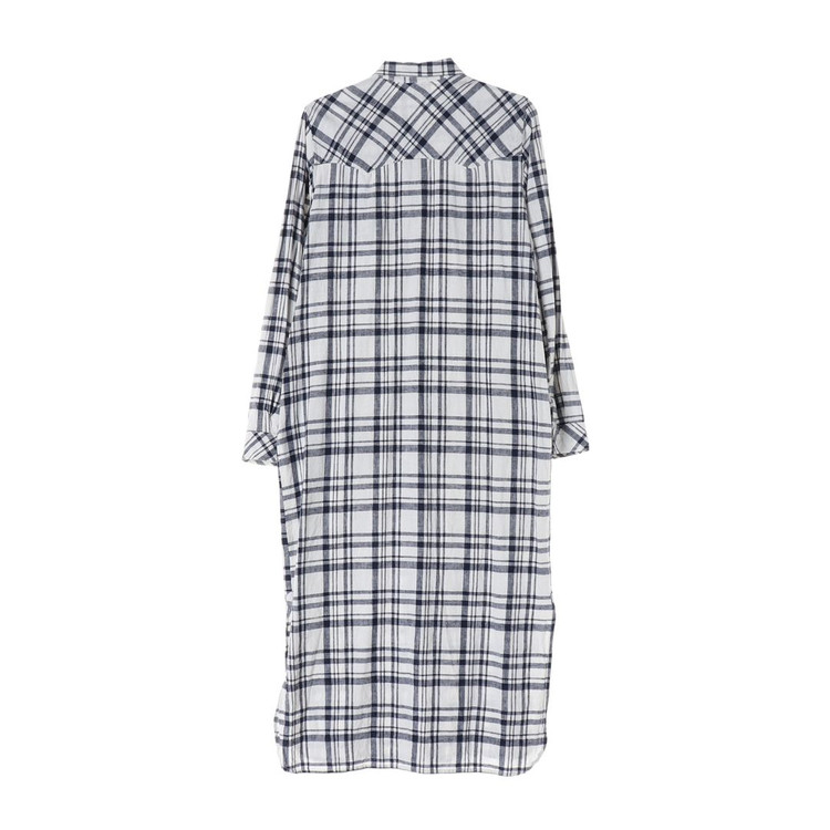 써스데이아일랜드 화이트 네이비 체크 린넨 코튼 롱 셔츠 원피스 이미지