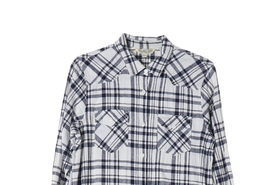 써스데이아일랜드 화이트 네이비 체크 린넨 코튼 롱 셔츠 원피스 이미지