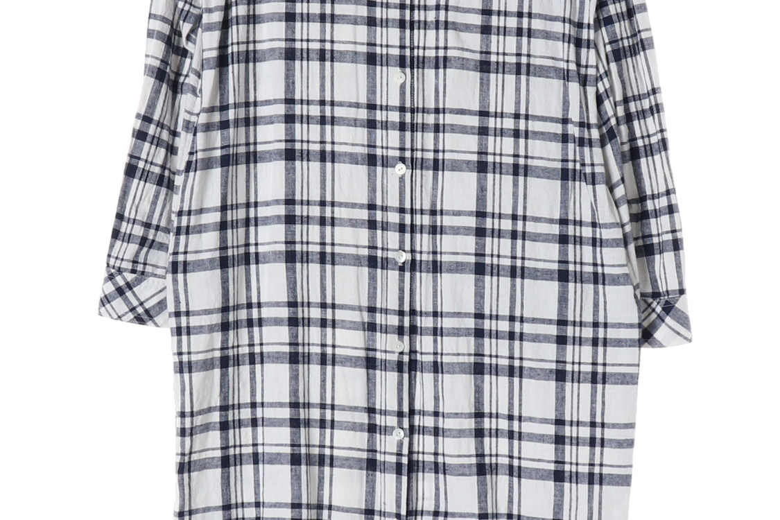써스데이아일랜드 화이트 네이비 체크 린넨 코튼 롱 셔츠 원피스 이미지
