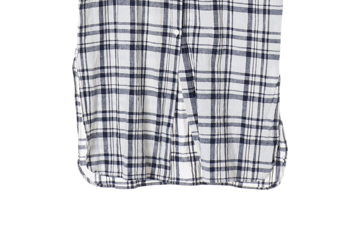 써스데이아일랜드 화이트 네이비 체크 린넨 코튼 롱 셔츠 원피스 이미지